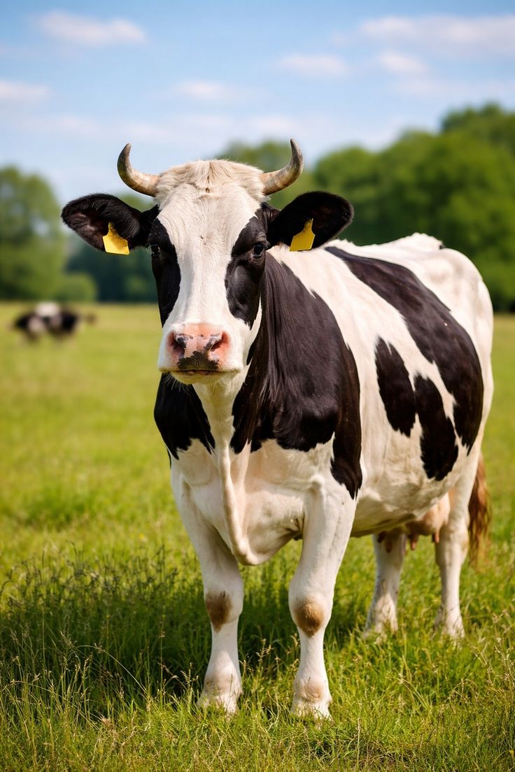 Dairy cow grazing in a green pasture